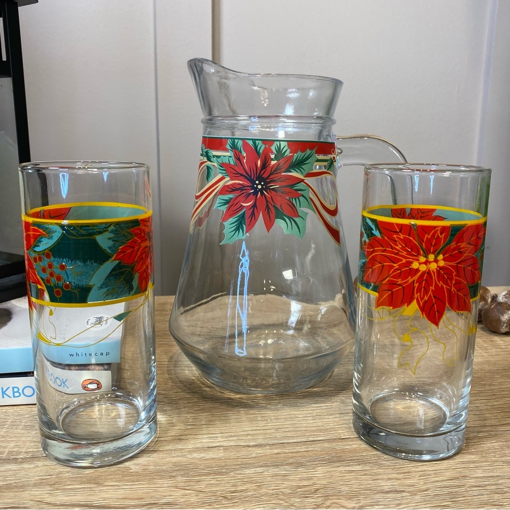Festive Glass Pitcher and Tumbler Set with Poinsettia Design